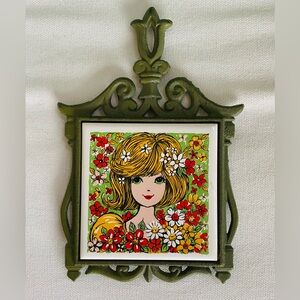 VTG 1970s Cast Iron Tile Trivet Girl Woman Flowers Daisies Kitschy FM Japan